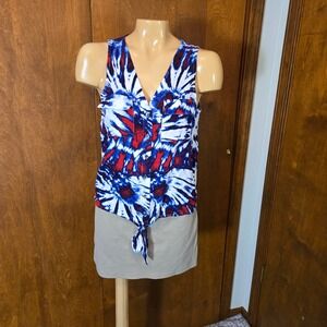 Rock & Republic Womens Tank Top Blue Red XS Tie Dye New Tie Front Button V-Neck